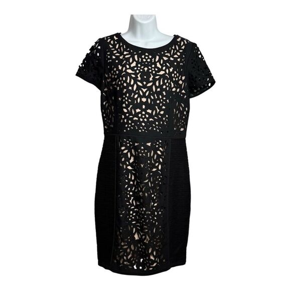 Anthropologie Maeve | Lasercut Basalt Sheath Black Dress Short Sleeve Size 10 - Picture 3 of 9